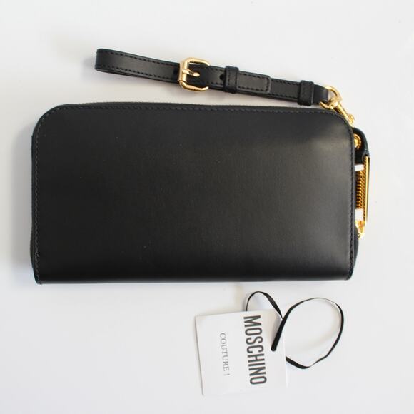 Moschino Black Gold Logo Continental Zip Around Wallet Wristlet New - Picture 4 of 13